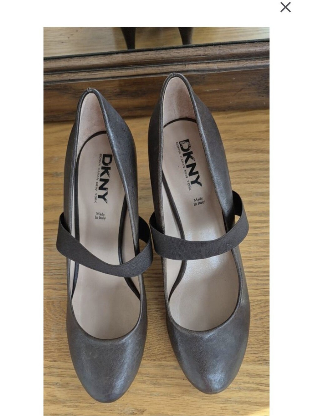 DKNY Donna Karan Italy Olive Taupe Metallic Leather Mary Jane Platform Heels 8.5